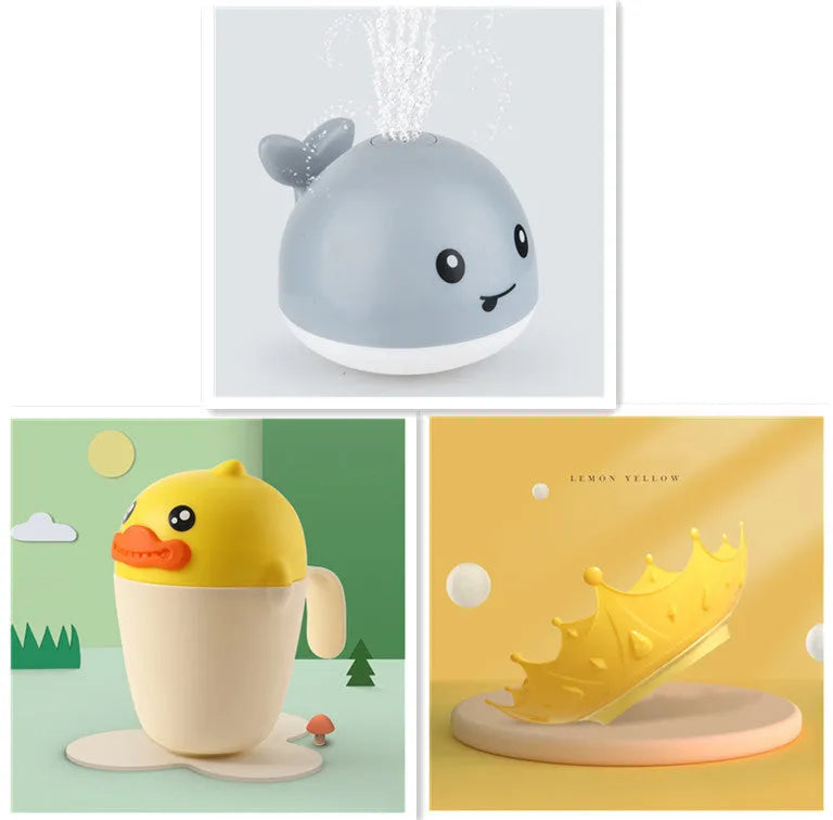 White and blue electric whale bath toy spraying water with flashing lights on a bathroom surface.