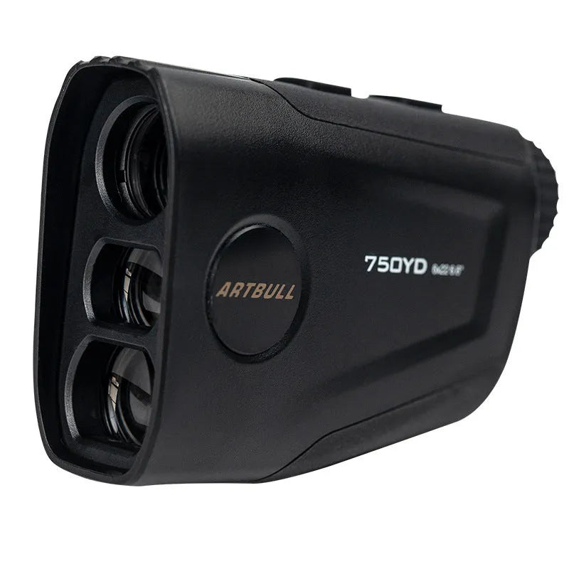 Black golf laser rangefinder with LCD display showing yardage, featuring a 20mm objective lens.