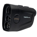 Black golf laser rangefinder with LCD display showing yardage, featuring a 20mm objective lens.