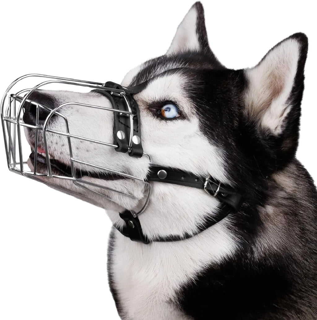 Black metal mesh dog muzzle designed for Golden Retrievers and German Shepherds on a grey background