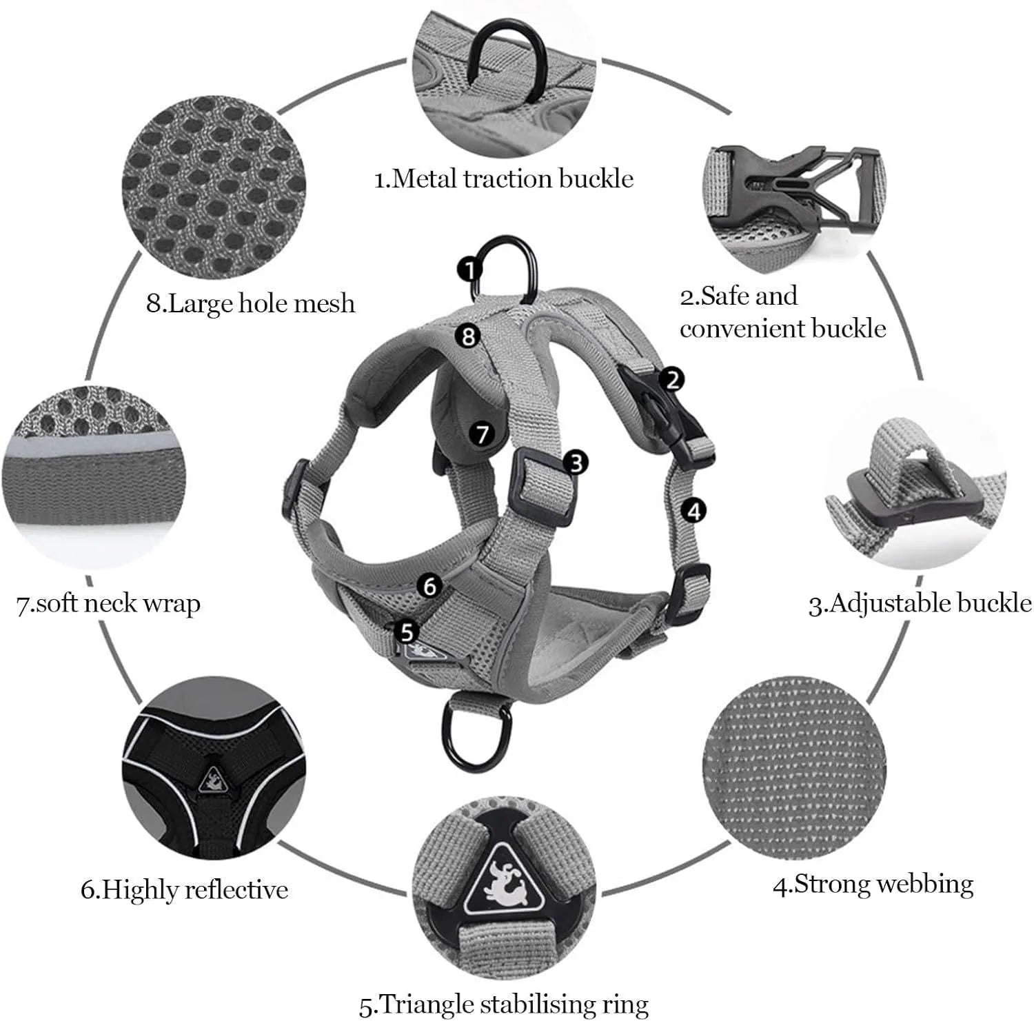 A blue mesh cat harness with adjustable straps and a leash, shown on a white background.