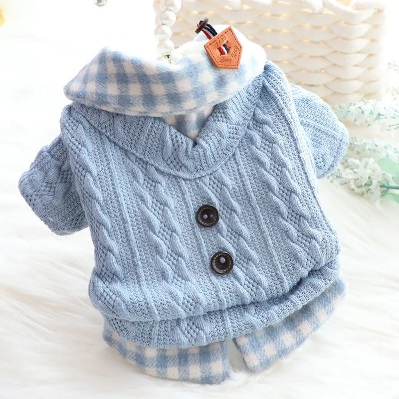 Blue plaid wool dog sweater with fleece lining on small breed dog