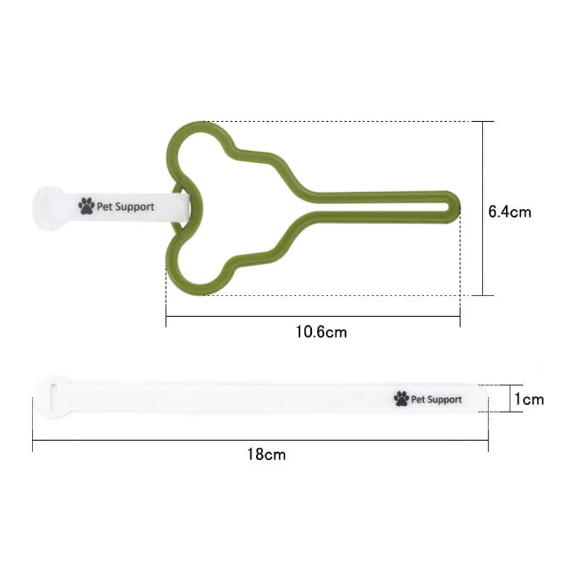 A hands-free dog poop bag holder with a fixed clip and adjustable black Velcro strap attached to a leash.