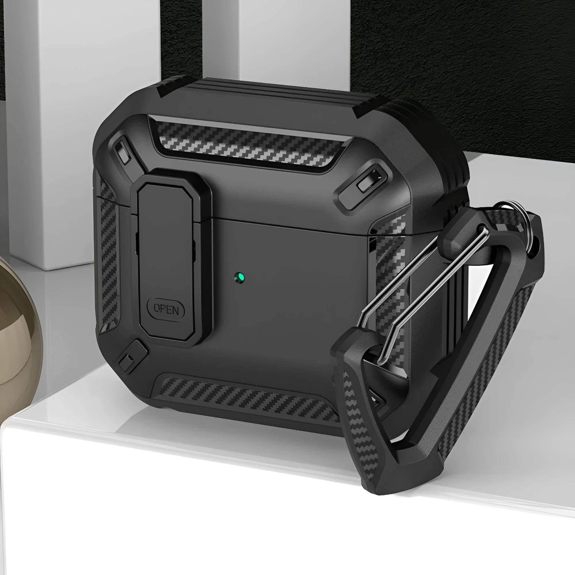 AirPods plastic clamshell protective case in a two-colour design with an attached metal carrying hook