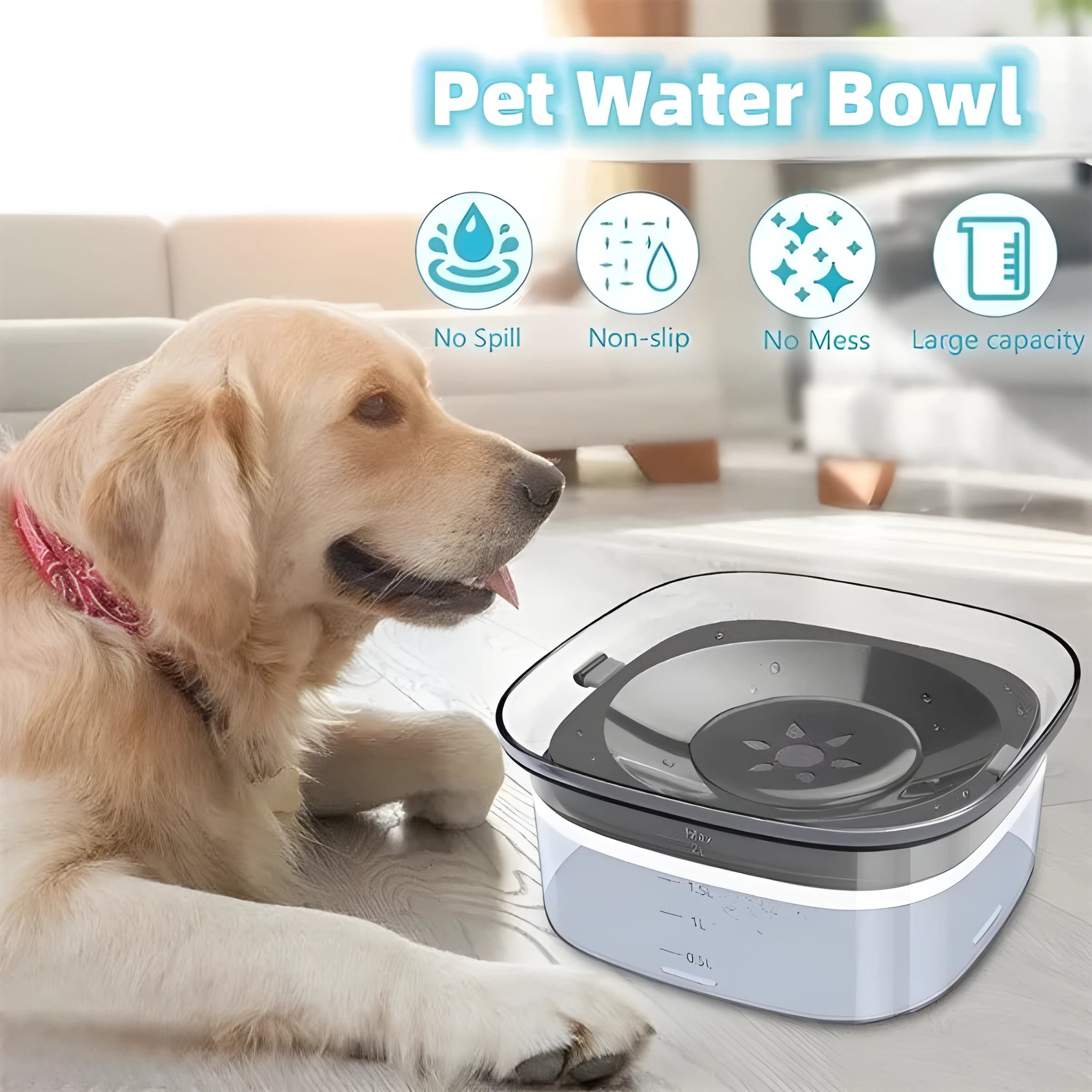 Transparent large capacity dog water bowl with floating disk and anti-spill design
