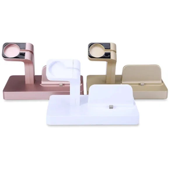 White Apple Watch and iPhone 2-in-1 charging dock station on a wooden desk.