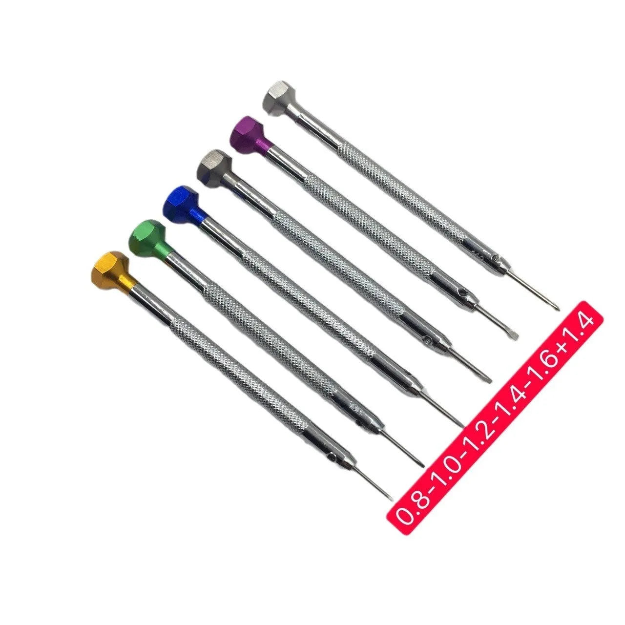 Six colour-coded watch repair screwdrivers with aluminium and copper handles laid out on a surface.