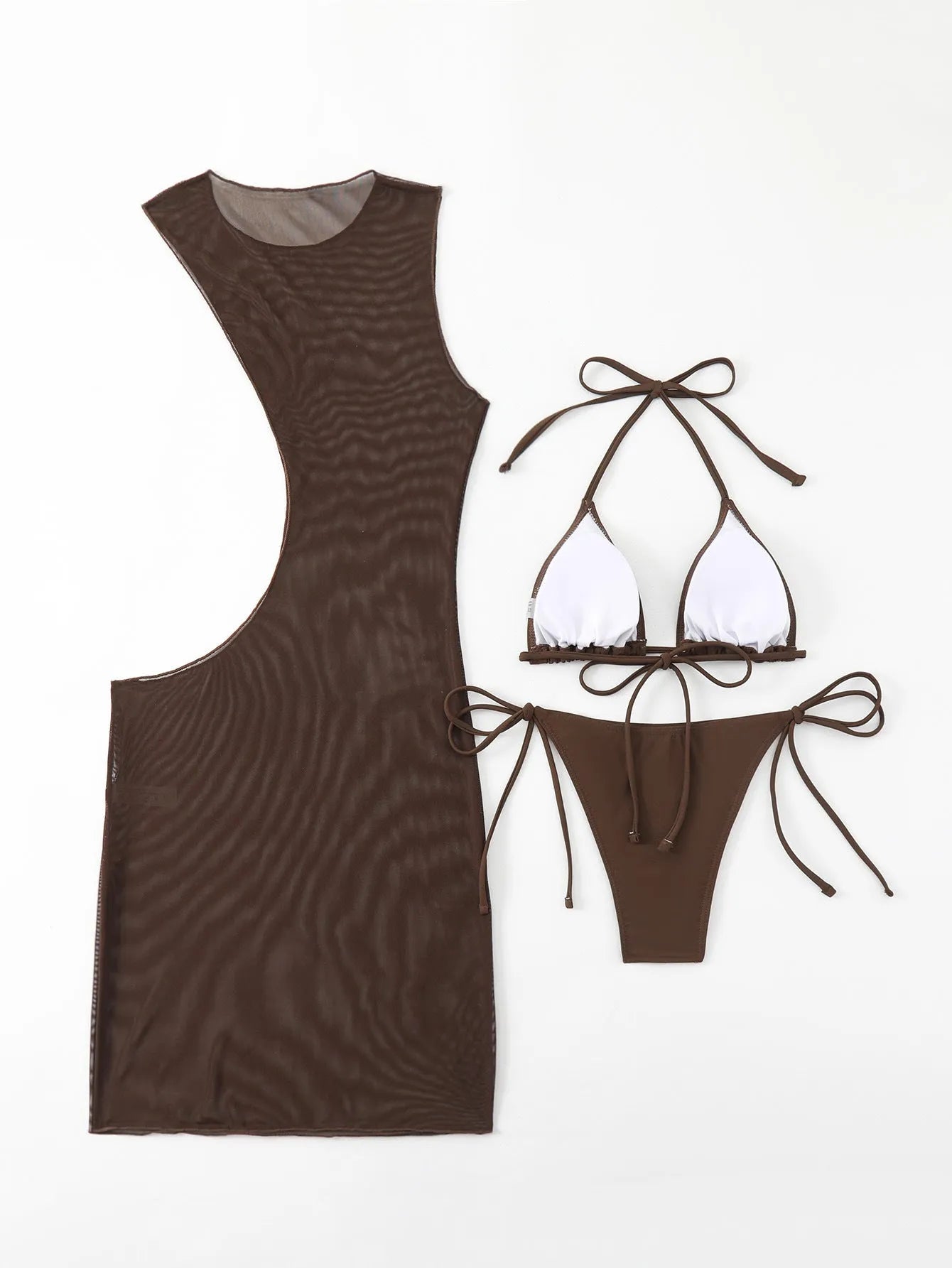 Brown women's three-piece swimsuit bikini set with bra, shorts, and blouse on mannequin
