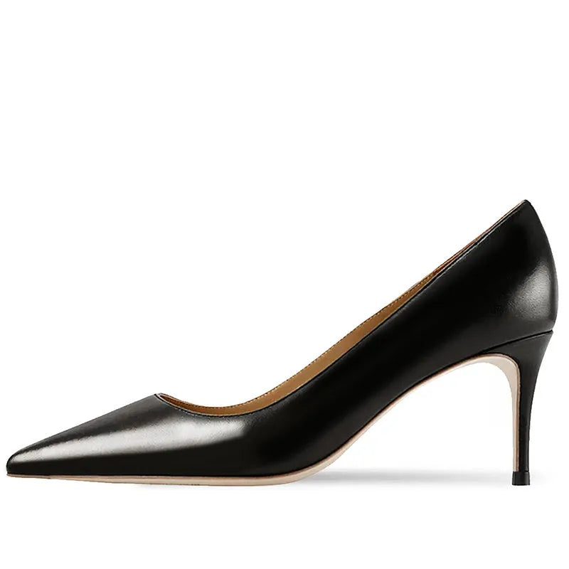 Women's black pointed toe high heel shoe with a fine heel and soft rubber sole