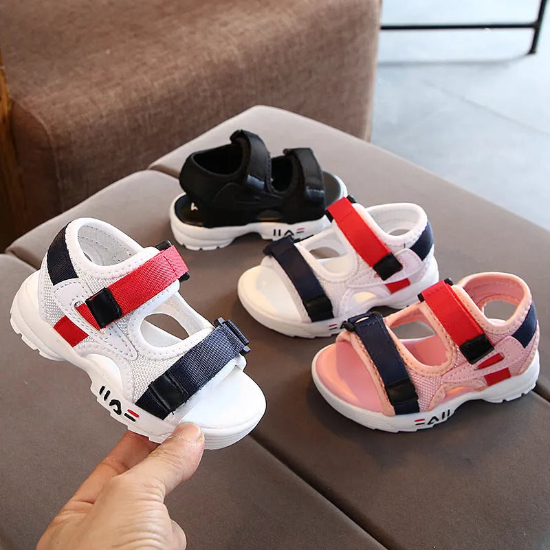 Toddler unisex beach shoes with soft rubber sole, breathable super fiber leather upper, Velcro fastening, black colour