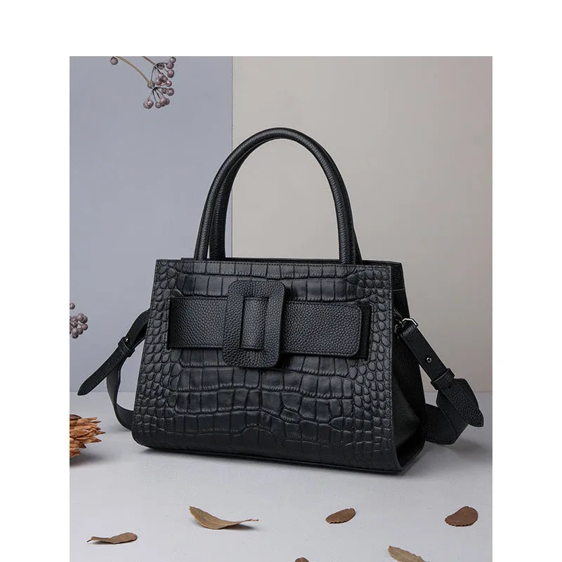 Women's genuine leather crossbody bag with crocodile pattern, double shoulder straps, available in Cloudy Blue