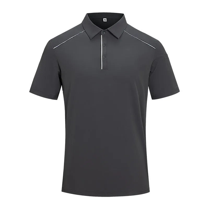 Men's solid colour quick-dry polo shirt on a hanger showing short sleeves and regular fit.