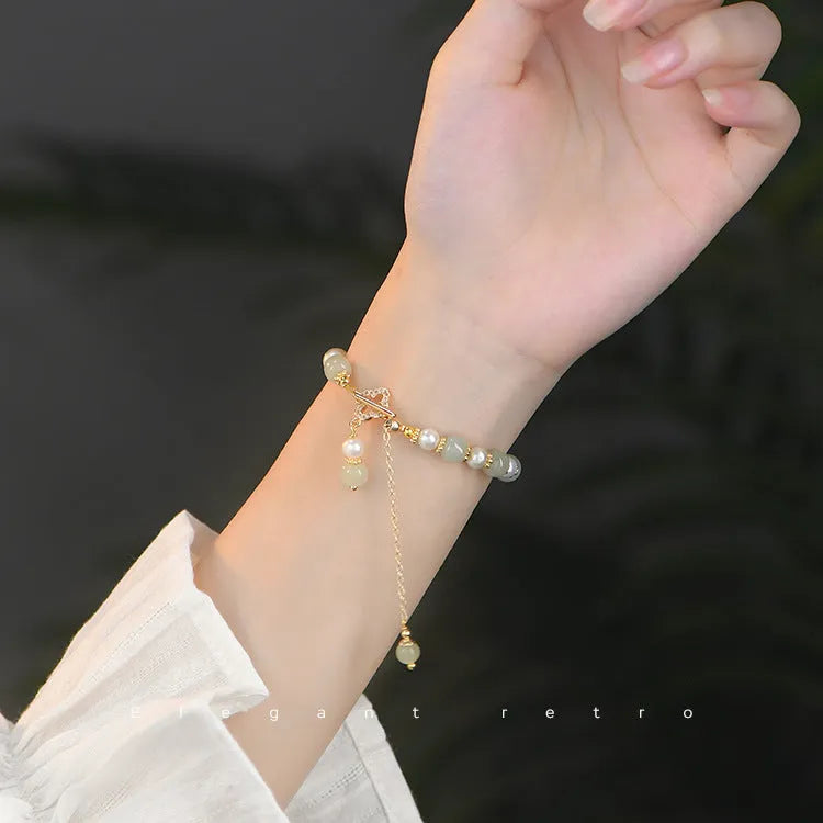 Natural Hetian Jade women's bracelet with pearl pendant and gold electroplated Chinese style design