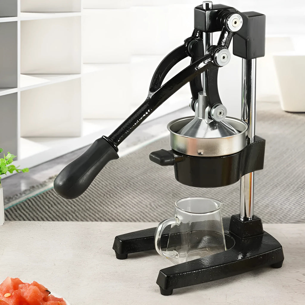 Cast iron manual citrus juicer with stainless steel strainer in black colour