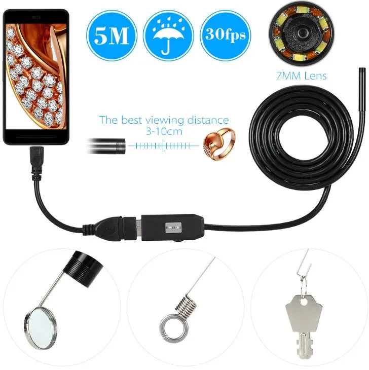 OWSOO USB endoscope with 5m cable, 7mm lens, six LEDs, and magnet hook attachments