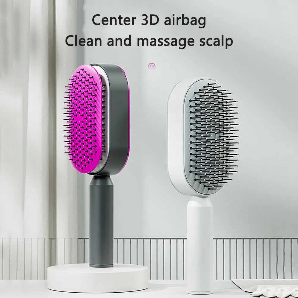 Self-cleaning hair brush with one-key button, air cushion base, and long bristles on a white background.