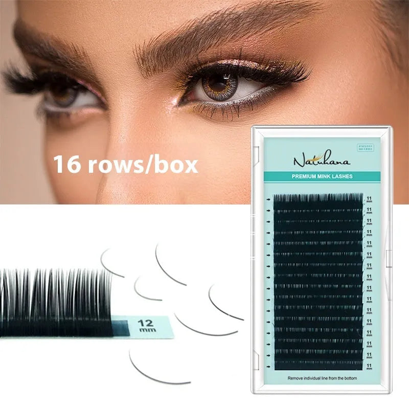 Artificial fibre false eyelashes on a card showing velvet texture and natural curl, with size options from 7mm to 15mm.