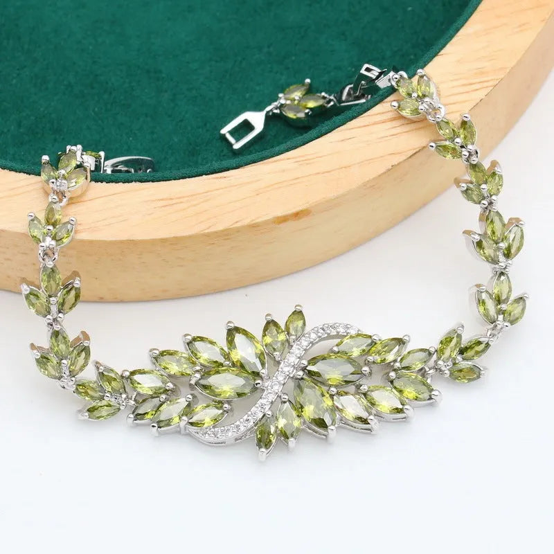 Retro floral necklace earring ring bracelet ornament suit with alloy pendant and copper inlaid zircon in olive finish