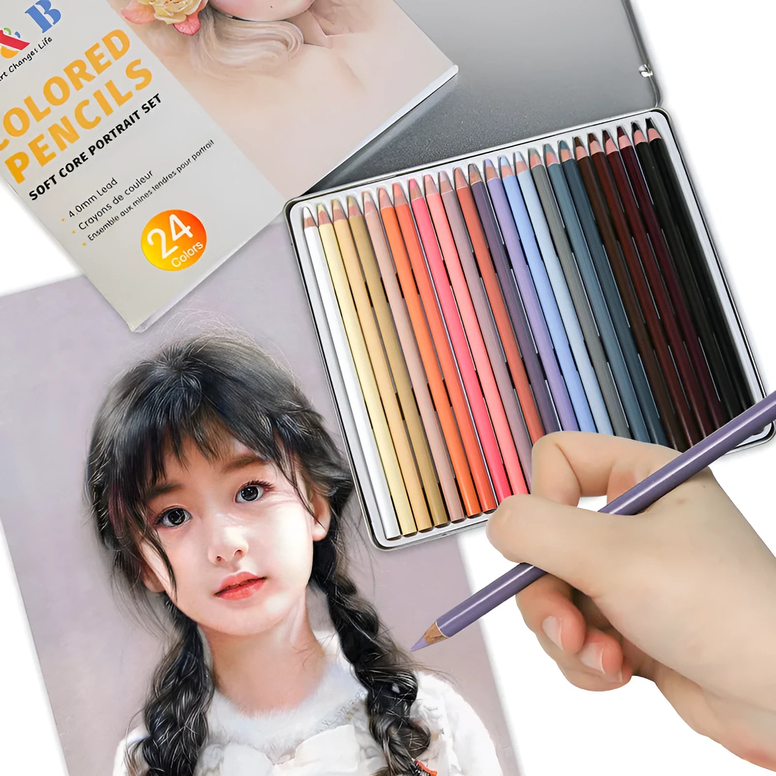 Round metal tin case open to show 24 skin tone colour pencils for portrait art