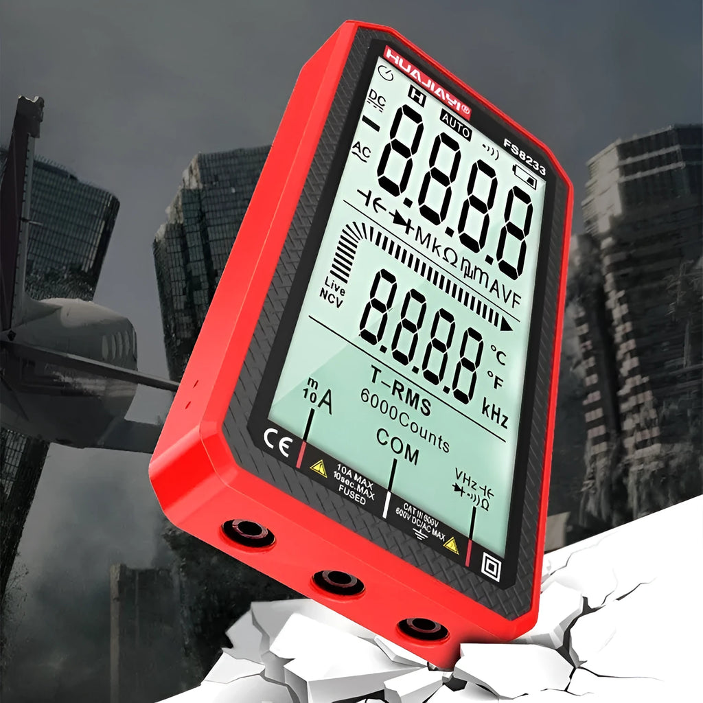 Black and red handheld digital multimeter with large screen display for electrical testing