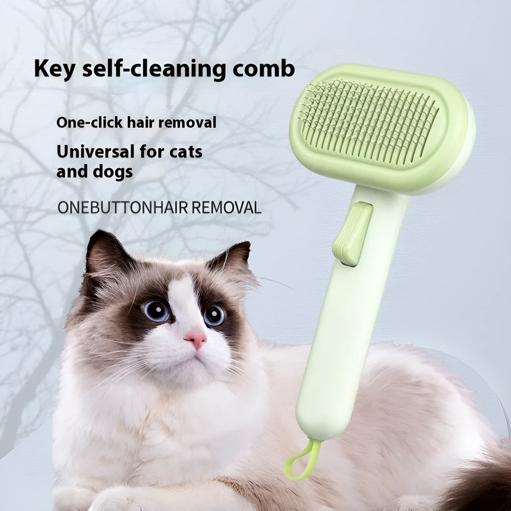 Large light green pet grooming comb with floating teeth and a built-in stainless steel shaver head for cats and dogs.