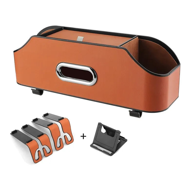 Genuine leather car tissue box holder with cup holder, shown in beige colour.