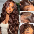 Front lace wig with long curly dark brown hair and side bangs in exotic European style