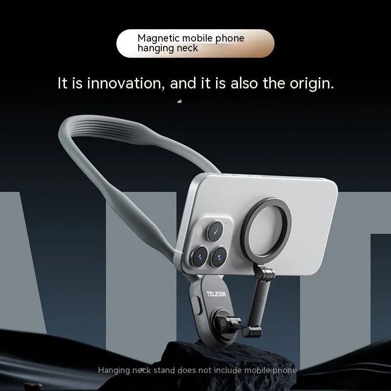Gray silicone magnetic phone neck mount showing mobile phone attached with safety rope and aluminium strip construction