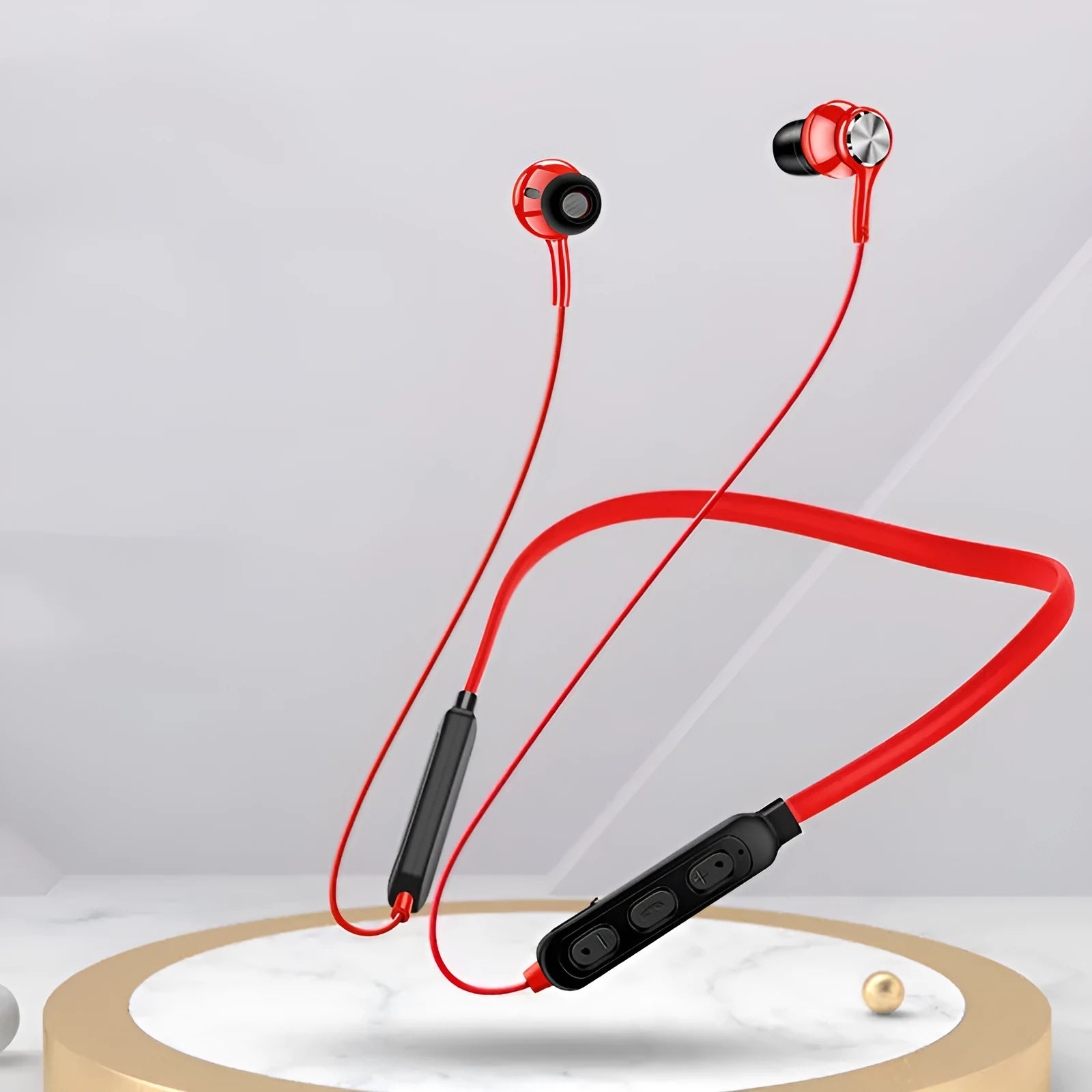 Black neckband sports Bluetooth earphones with earpieces, shown with USB charging cable.