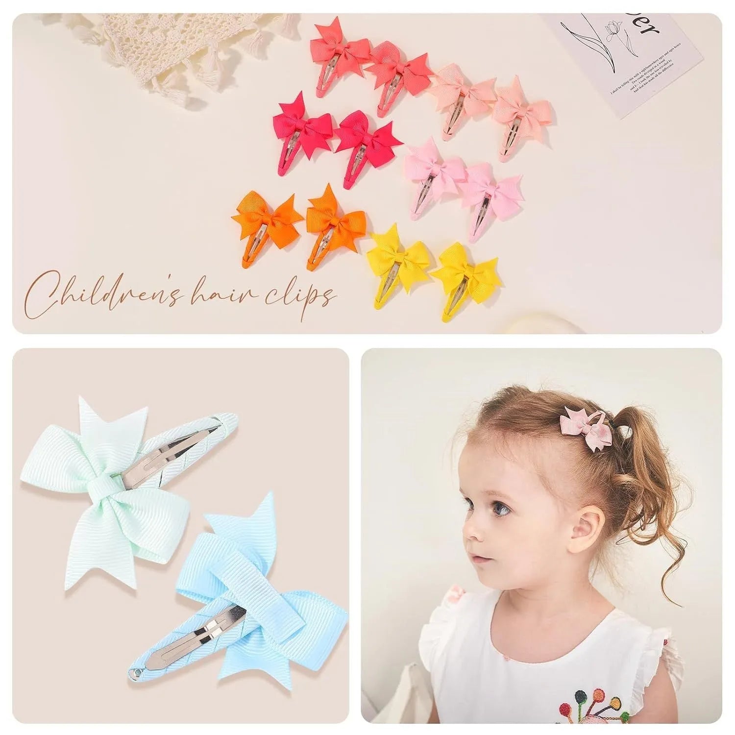 40-piece set of solid-colour grosgrain ribbon baby hair bows with wrapped metal snap clips.