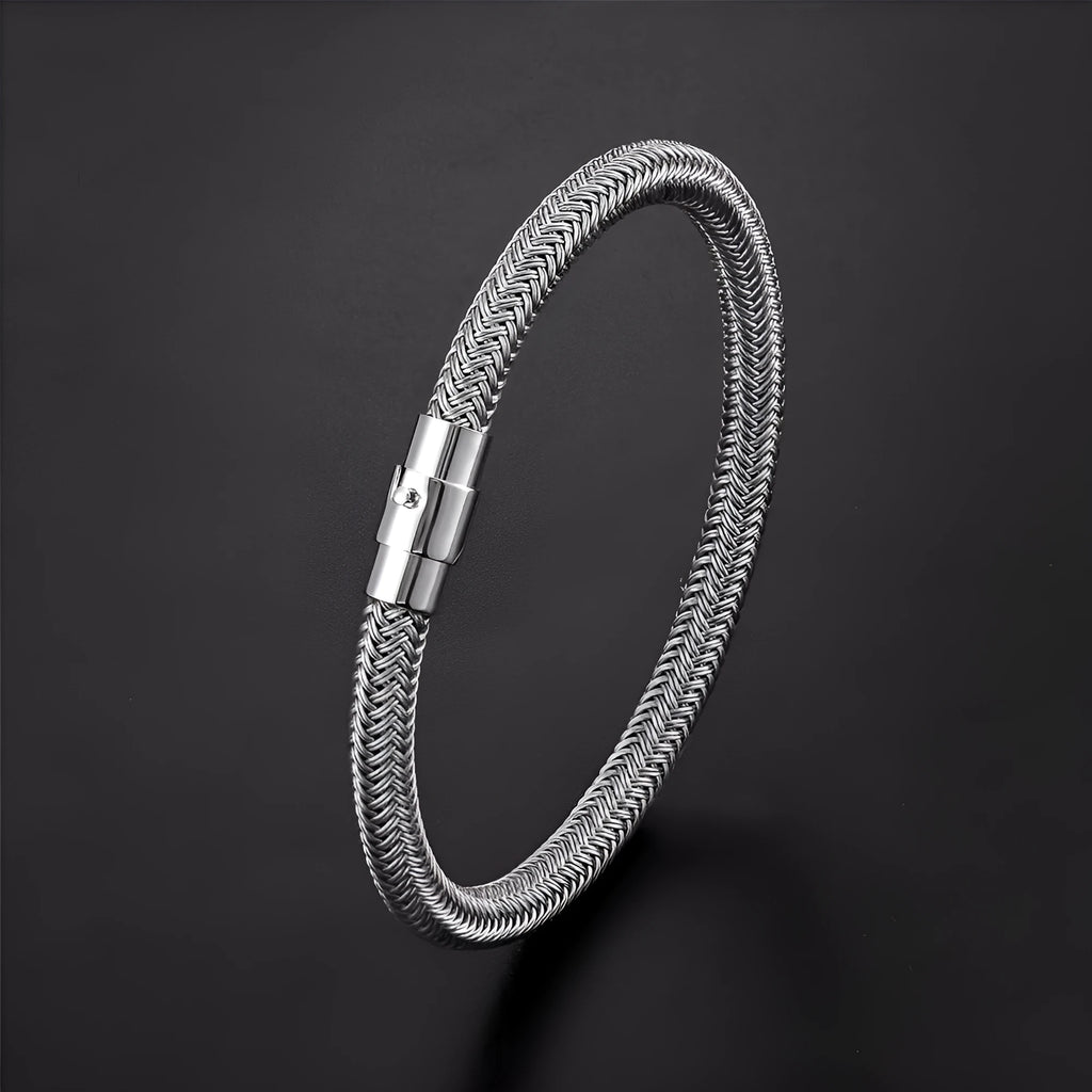 Geometric titanium steel wire bracelet with a magnetic clasp, shown in a silver colour.