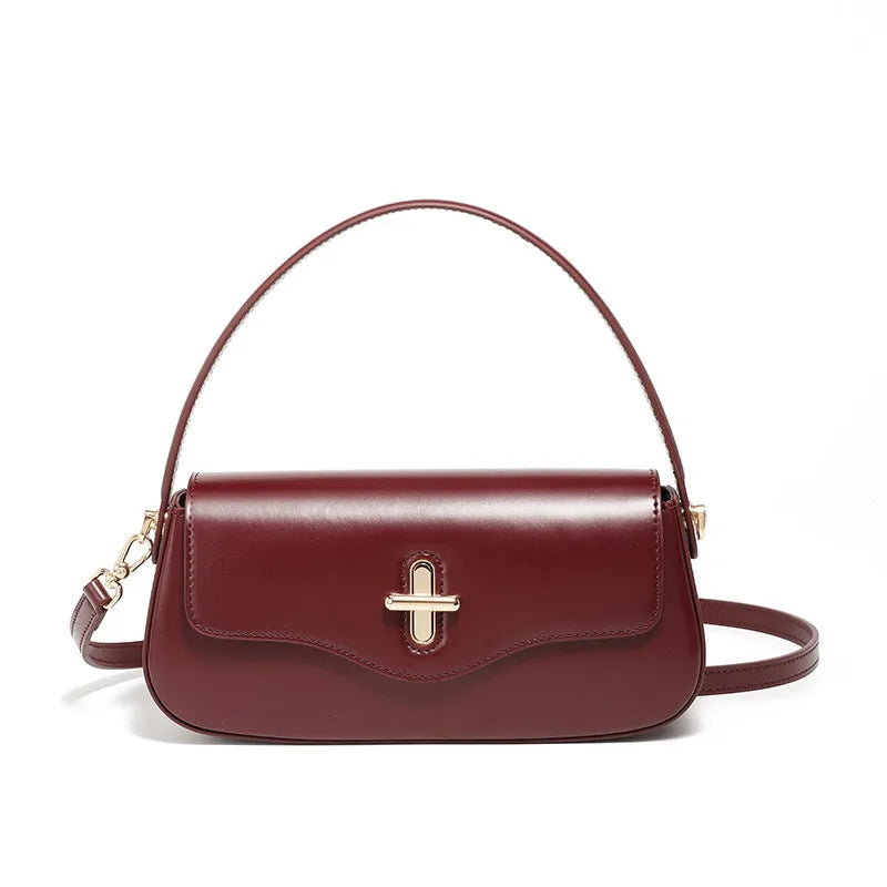 26cm wide genuine leather women's handbag in horizontal square shape with clamshell opening and double shoulder straps