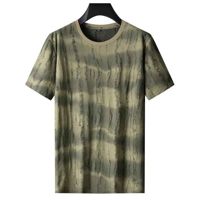 Men's plus size grey silk t-shirt with round neck and short sleeves on hanger