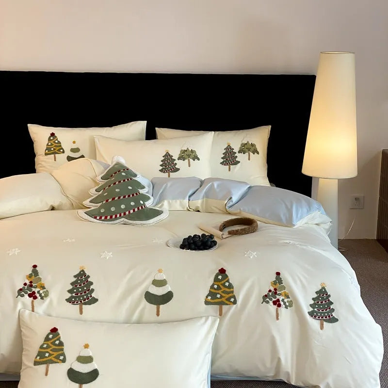 Christmas tree towel embroidery pure cotton bed linen four-piece set with plants and flowers pattern