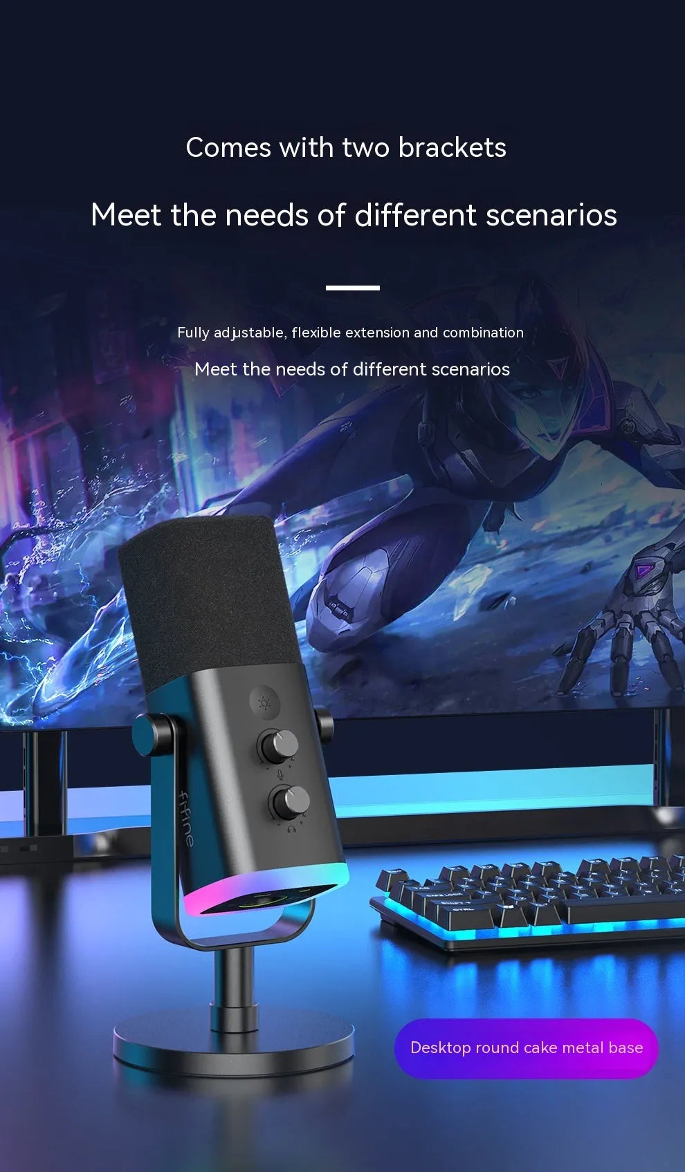 Dynamic noise reduction condenser microphone in black, pink, or white with XLR cable and adjustable desktop bracket.