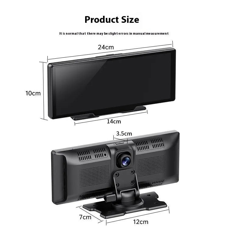 10-inch car touch screen display showing navigation map and dash cam footage