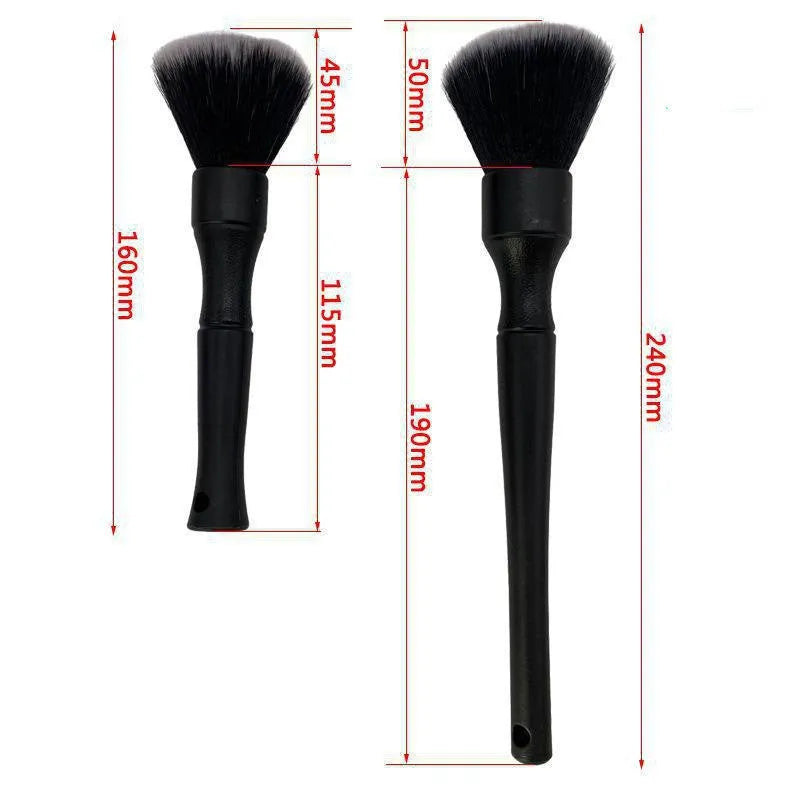 Black car detailing brush with ultra-soft pig hair bristles in two size options for gentle interior cleaning