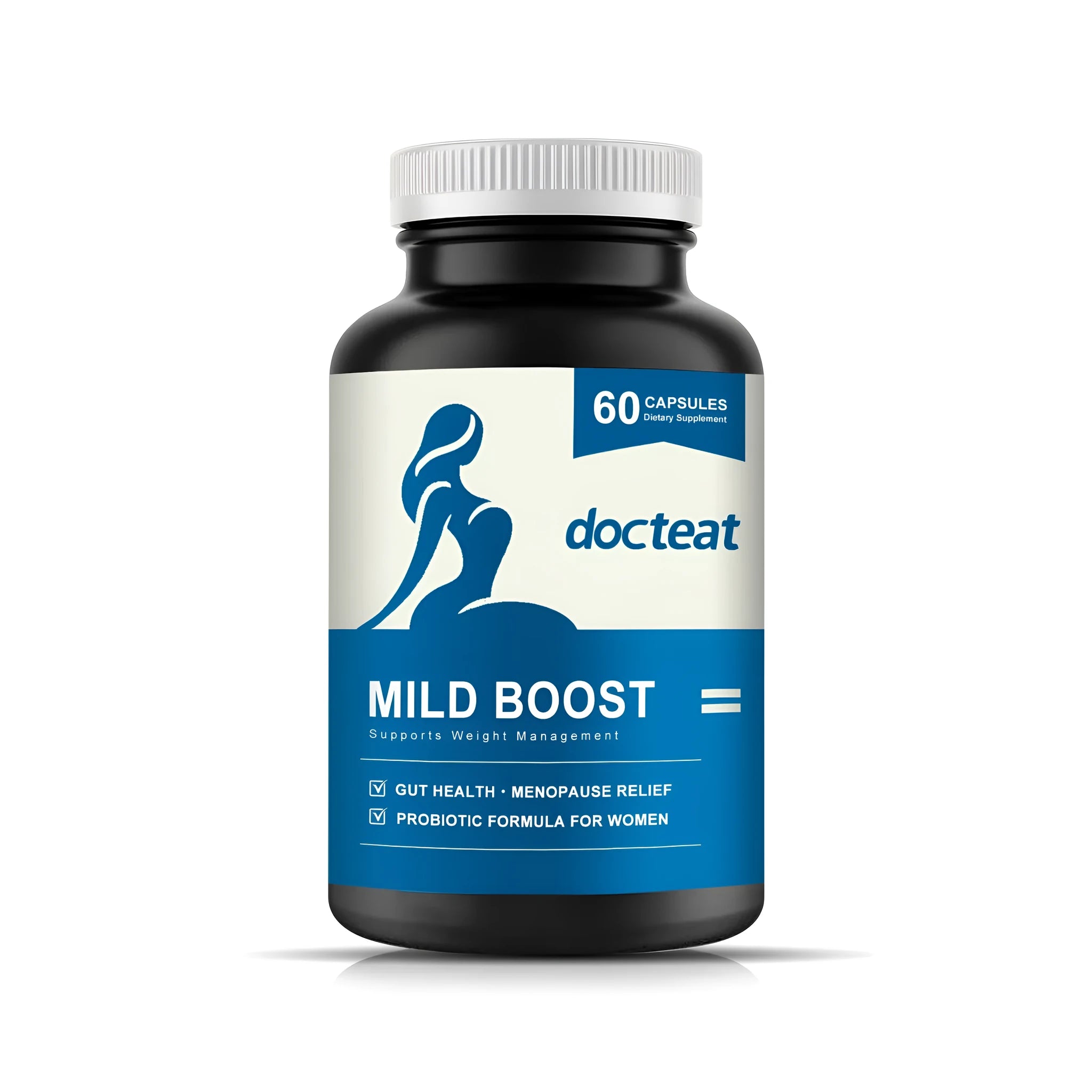 Bottle of 60-count dietary supplement capsules containing probiotic blend, turmeric, and moringa.