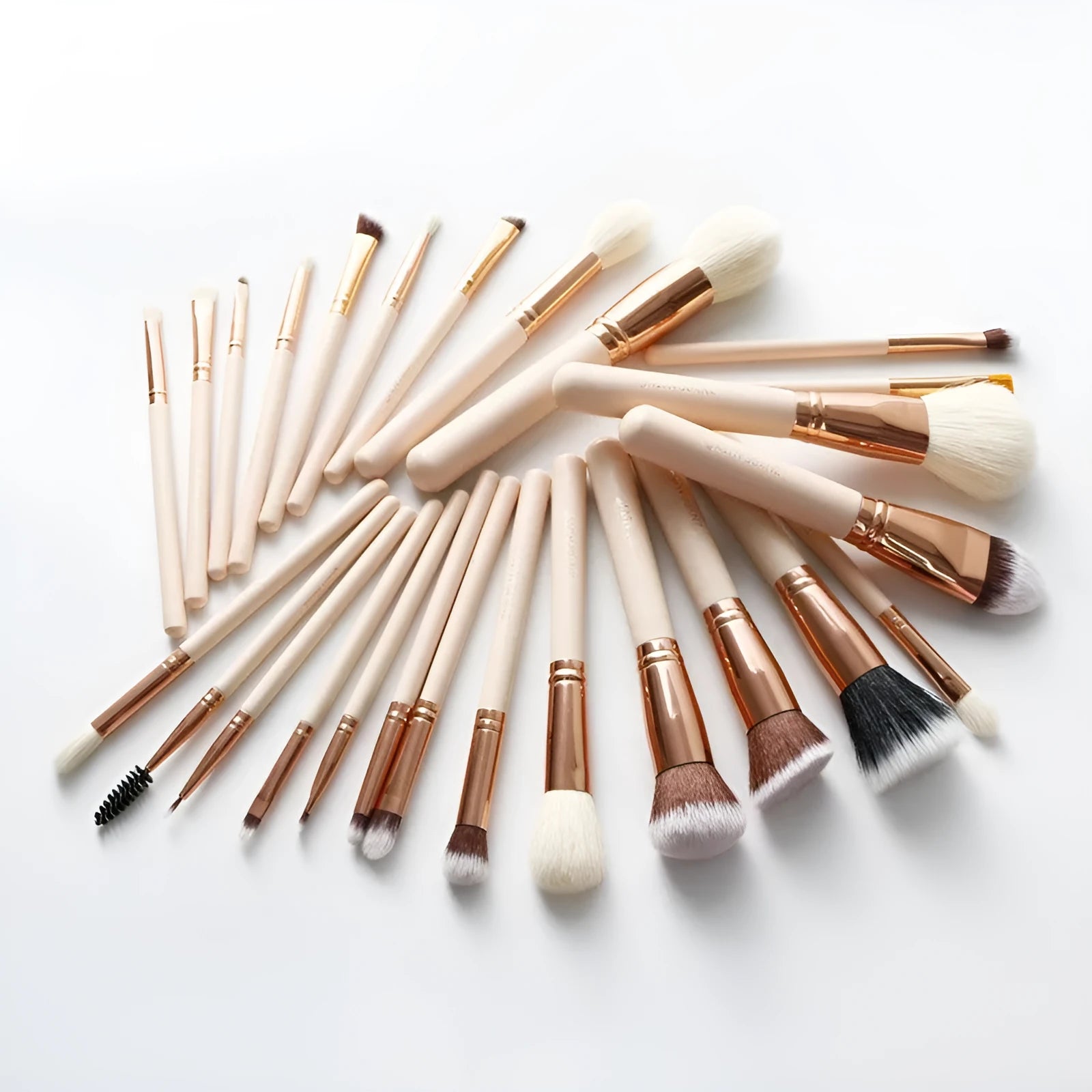26 pink-handled makeup brushes with wooden handles and a PU storage bag.