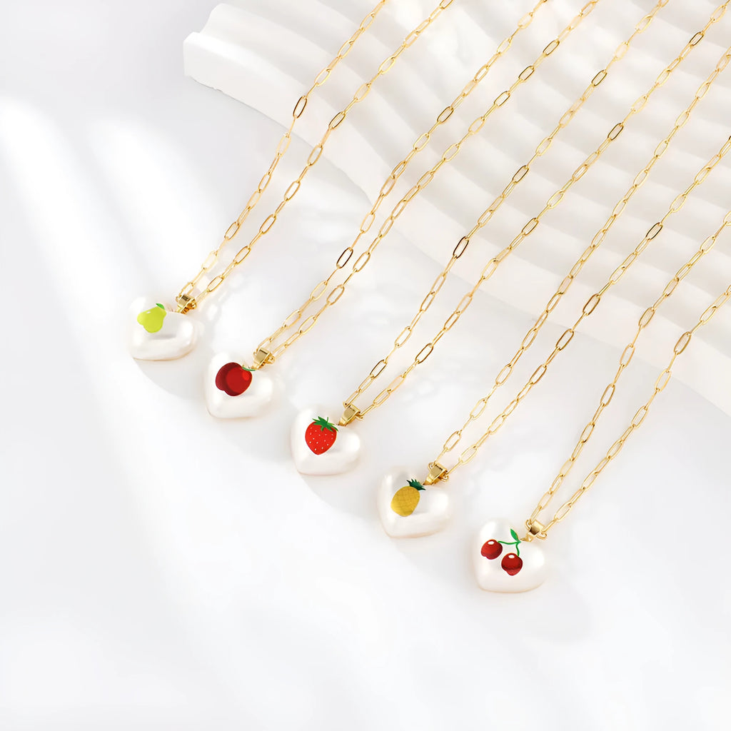 Adjustable geometric chain necklace with a choice of strawberry, pineapple, apple, pear or cherry fruit charm pendant.
