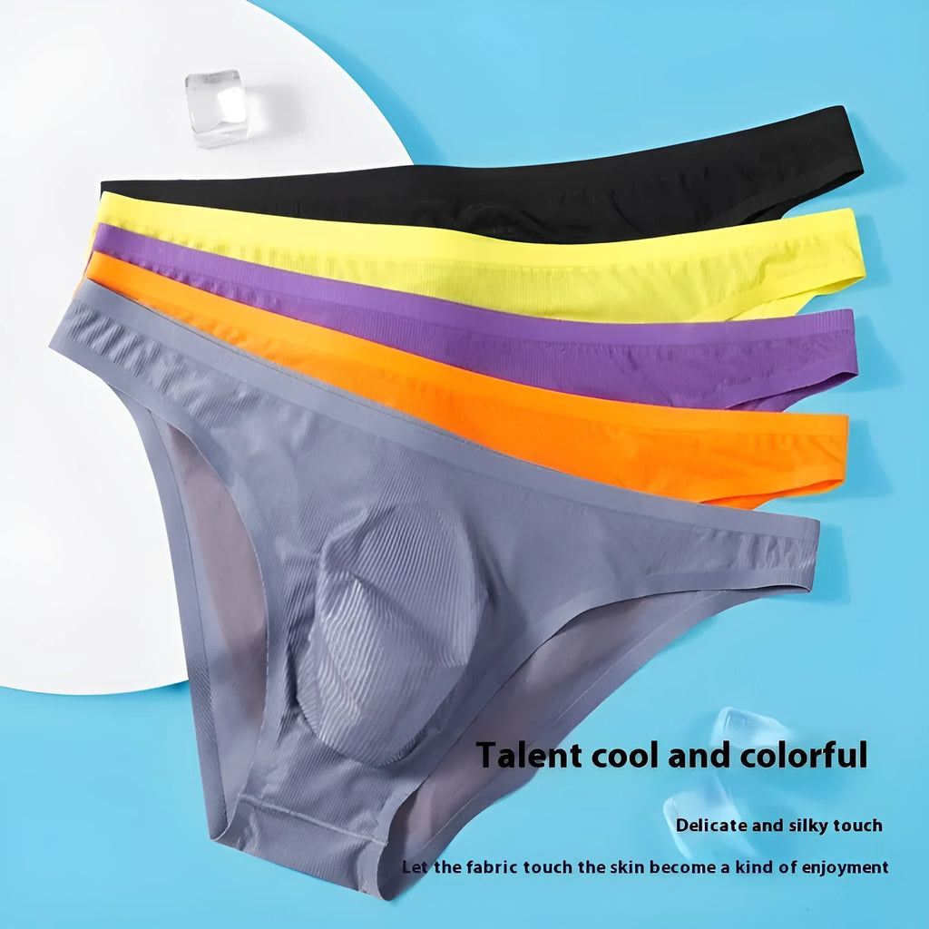 Men's low-waist seamless briefs in translucent ice silk fabric, shown in a striped colour option.