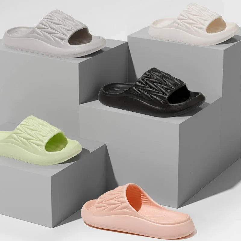Leaf texture design EVA slippers in various colours showing non-slip sole and anti-odor properties