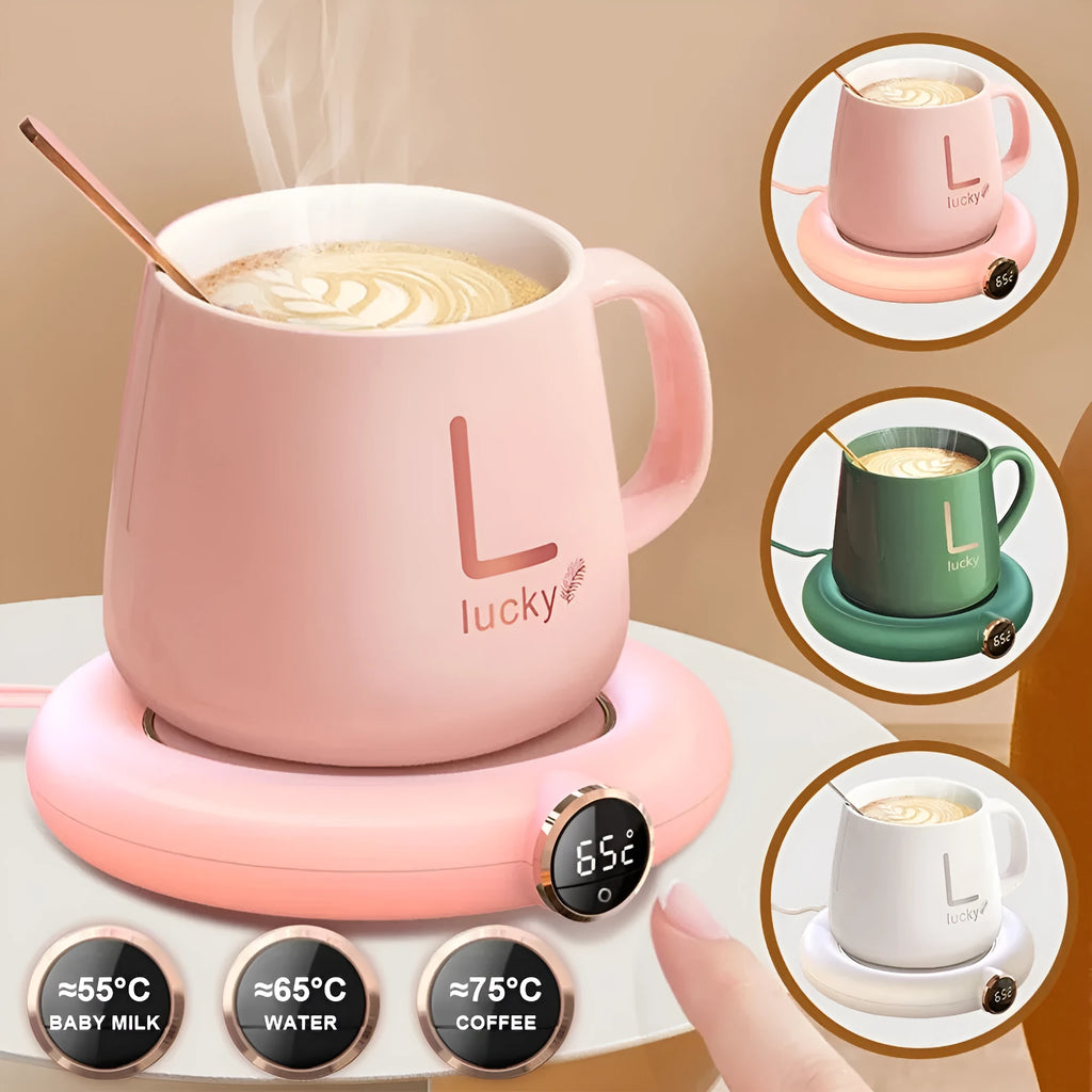 White USB cup warmer pad with LED display on a desk next to a mug.