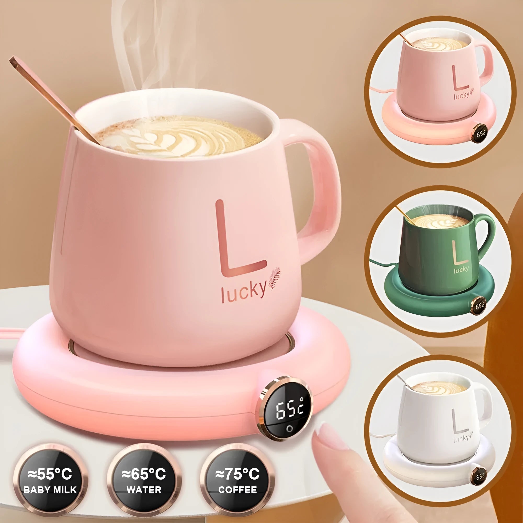 White USB cup warmer pad with LED display on a desk next to a mug.