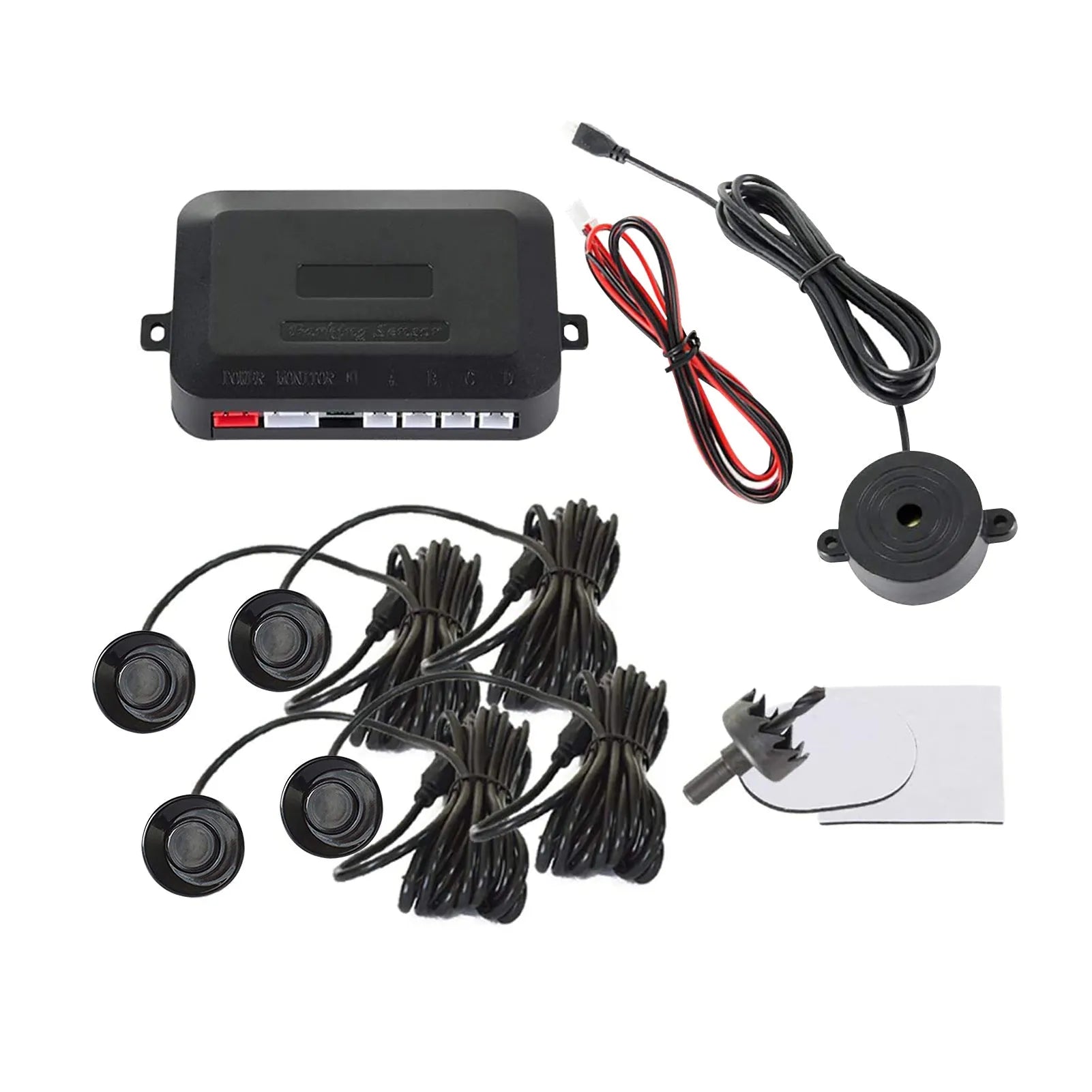 Four ultrasonic parking sensors and buzzer unit for car reversing radar kit with hole saw.