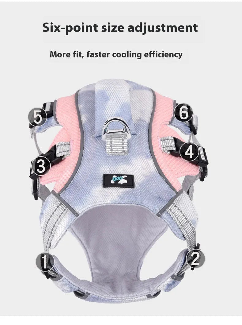 Light blue reflective dog chest strap made of polyester for walking safety.