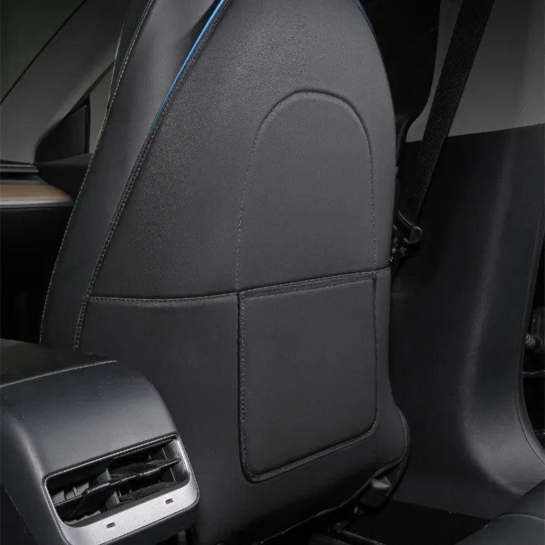 Black leather rear anti kick pad for car seat protection with a pocket.