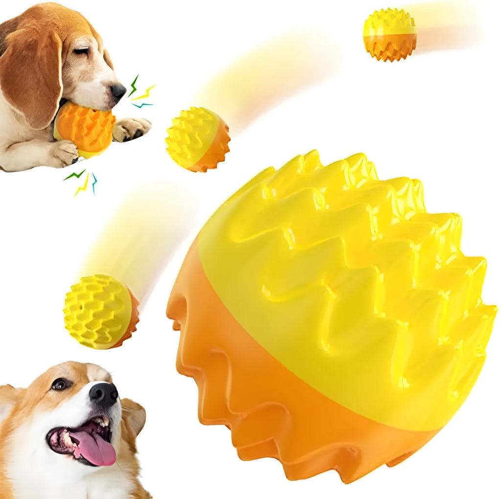 Blue rubber dog ball with spiky texture for dental cleaning and squeaky sounds