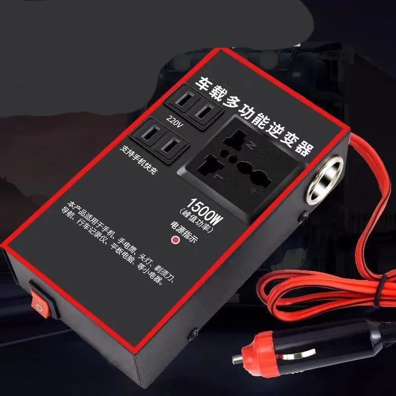 Black automotive power converter for 12V/24V to 220V transformation with USB charging ports