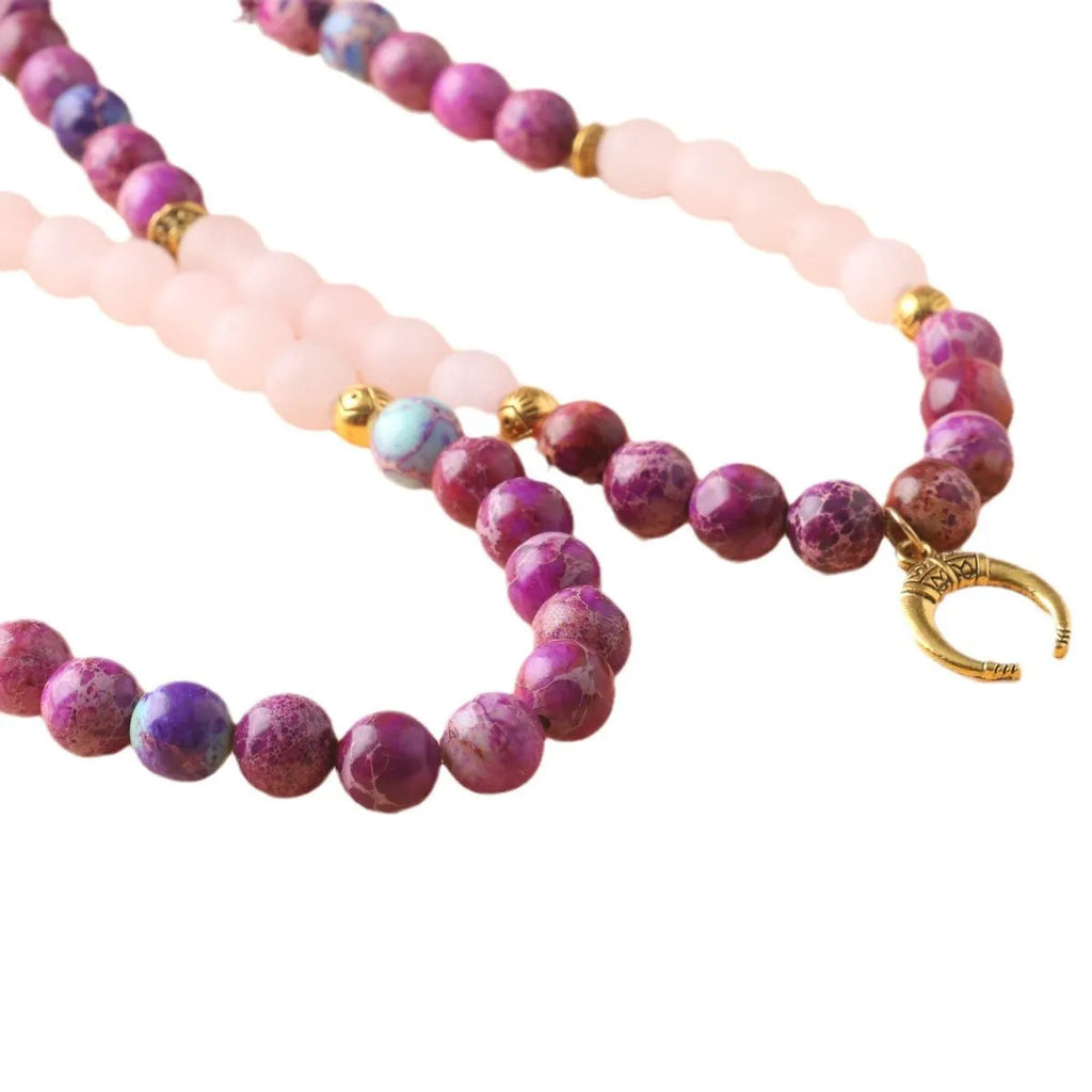 Pink crystal emperor stone round bead pendant necklace for casual unisex wear